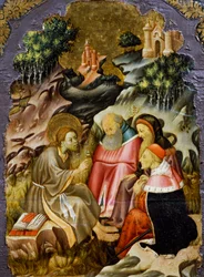 Pregação de João Batista, detalhe da predella de um retábulo da Catedral Vicentina, de Bernat Martorell (ca. 1400-1452), pintado em madeira. Arte gótica catalã.