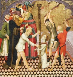 A flagelação de Santa Eulália, detalhe da predella de um retábulo da Catedral Vic, de Bernat Martorell (ca. 1400-1452), pintado em madeira. Arte gótica catalã.