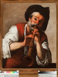 O flautista (O flautista) Pintura de Bernardo Strozzi (1581-1644) Genes do século XVII, Strada Nuova Museus (antigo Palazzo Rosso)