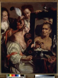 A velha coquete, vaidade (Velha coquete, vanitas). Pintura de Bernardo Strozzi (1581-1644). Óleo sobre tela