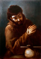 Representação de São Francisco de Assis adorando o crucifixo Pintura de Bernardo Strozzi (1581-1644) Coleção particular do século XVII
