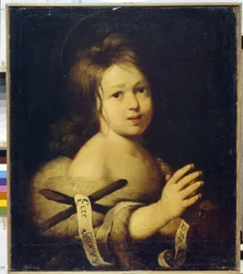 São João Batista, criança. (João Batista, quando criança). Ele segura uma cruz com um filactério ""Ecce agnus dei"" (Eis o Cordeiro de Deus). Pintura de Bernardo Strozzi (1581-1644), óleo sobre tela