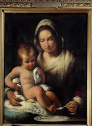 A Virgem tem a colher. Pintura de Bernardo Strozzi (1581-1644)