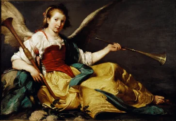 A alegoria de Renome Ela segura uma trombeta (mão esquerda) e um chalemie de madeira (mão direita). Pintura de Bernardo Strozzi (ca. 1581-1644). 1535-1536 Dim. 106,7 x 151,7 cm National Gallery, Londres