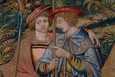 Tapeçaria flamenga. Série A Fundação de Roma: Faustulus encontra Romulus e Remus. Cartoonista Barend van Orley (?). Fabrico em Bruxelas. 1525-1530. Detalhe.