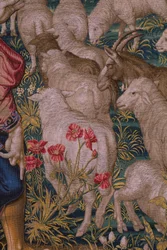 tapeçaria flamenga. Série A Fundação de Roma: Faustulus encontra Rômulo e Remo. O cartunista Barend van Orley (?). Fabricação de Bruxelas. 1525-1530. Detalhe.