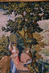 Tapeçaria flamenga. Série A Fundação de Roma: Faustulus encontra Romulus e Remus. Cartoonista Barend van Orley (?). Fabrico em Bruxelas. 1525-1530. Detalhe.