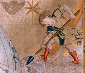 Tapeçaria flamenga. Série As Esferas. Hércules que suporta a esfera celeste (Hércules sostiene la esfera celeste). Primeira tapeçaria da série. Modelo Barend van Orley ou Pieter Coecke van Aelst. 1525-1530. Fabricação de Joris Vezeleer (Georg Wezeler)?, B