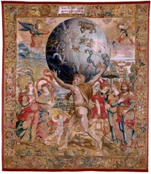 tapeçaria flamenga. Série As Esferas. Hércules apoiando a esfera celeste (Hércules sostiene la esfera celeste). Primeira tapeçaria da série. Modelo Barend van Orley ou Pieter Coecke van Aelst. 1525-1530. Manufatura Joris Vezeleer (Georg Wezeler)?, B