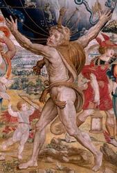 tapeçaria flamenga. Série As Esferas. Hércules sustentando a esfera celeste (Hércules sostiene la esfera celeste). Primeira tapeçaria da série. Modelo Barend van Orley ou Pieter Coecke van Aelst. 1525-1530. Manufatura Joris Vezeleer (Georg Wezeler)?,
