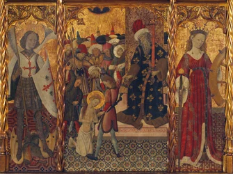São Miguel e Santa Catarina, enquadrando o martírio de Santa Eulália de Barcelona (289-304) - Pintura de Bernat Martorell (1390-1452), têmpera sobre madeira (143,5x188 cm), cerca de 1442-1445 - São Miguel, Martírio de São Miguel Eulália e Santa Catarina, T