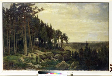 "A Woodcutter and a Hunter in a Forest Landscape" Pintura de Berndt Lindholm (1841-1914) Mikhail Kroshitsky Art Museum, Sevastopol (Sebastopol) Ucrânia