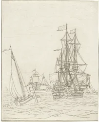 Navio de guerra e três veleiros em alto mar