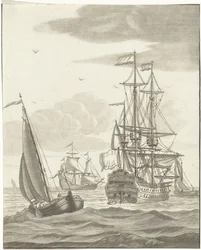 Navio de guerra e três veleiros em alto mar