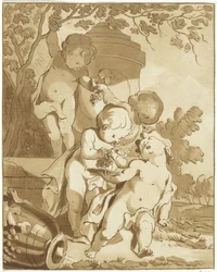 Quatro putti a colher uvas junto a um vaso