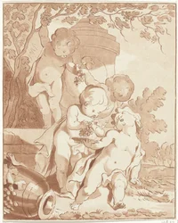 Quatro putti a colher uvas junto a um vaso