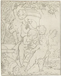 Quatro putti a colher uvas junto a um vaso