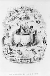Caça e pesca: um casal no restaurante em frente a um prato de peixe e carne, ao redor são retratadas as diferentes formas de caça e pesca. A Fisiologia da Gota de Brillat - Savarin ilustrada por Bertall. Paris 1840. Jean Anthelme Brilla
