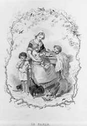 A nanã: uma jovem mãe dá comida aos seus três filhos em "La Physiologie du Gout" de Brillat - Savarin ilustrado por Bertal. Paris 1840. Jean Anthelme Brillat Savarin (Brillat-Savarin) (1755-1826) gastrônomo francês.