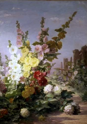 Flores de verão com malvas-rosa e hortênsias. Pintura de Berthe Costadau (séc. XIX) Coleção Privee