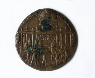 Medalha que retrata a Conspiração Pazzi. Giuliano de