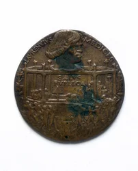 Medalha que retrata a Conspiração Pazzi. Lorenzo de