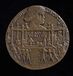 Medalha com o chefe de Lorenzo De&39;Medici (1449-92) comemorando a conspiração de Pazzi de 1478 (reto) (bronze) (para verso ver 120956)