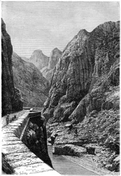 Vista tirada na rota da caravana Shabet el Akra, Argélia, c1890