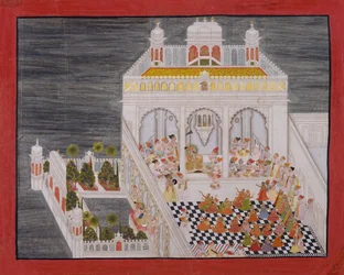 Maharana Ari Singh com seus cortesãos sendo entretidos no Palácio da Água Jagniwas, datado de 1767.