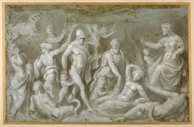 Marte e Rhea Silvia (pincel e tinta marrom realçada com cor de corpo branco em carta azzurra)