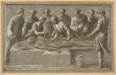 Seis professores de anatomia, dissecando um cadáver masculino esfolado (caneta e tinta marrom com lavagem marrom e aumento) (ver também 404475)