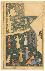 Músicos e Servos Fora de um Acampamento Real reto, c. 1485