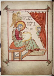 Cotton Nero D. IV, f.25v São Mateus, escrevendo, com seu símbolo, dos Evangelhos de Lindisfarne, 710-721 (velino)