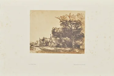 [Paisagem com três casas de campo de duas águas junto a uma estrada]
