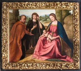 Adoração da Madona dos Sheperds com o Menino Jesus e dois Sheperds")