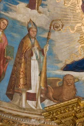 Apse, Catino Apse, Boccaccio Boccaccino, Pantocrator entre os Santos Marcelino, Imerio, Omobono, Peter Exorcist, Detalhe de São Imerio