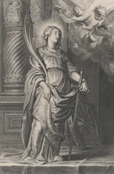 Santa Catarina segurando folhas de palmeira e uma espada, dois putti no alto segurando um laure..., ca. 1625-59.