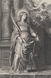Santa Catarina segurando folhas de palmeira e uma espada, dois putti no alto segurando um laure..., ca. 1625-59.