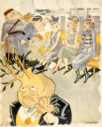 Cartoon representando a Alemanha a cortejar mulheres, como personificações da Áustria, Checoslováquia e Roménia