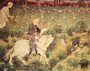O Mês de Setembro, detalhe de um cavaleiro com um falcão, c.1400 (fresco)