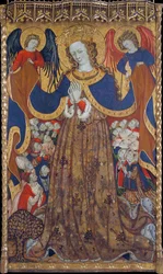 A Virgem da Misericórdia - Pintura de Bonanat Zaortiga (activo século XV), tempera sobre madeira (223x126,8 cm), ca 1430 - Virgem da Misericórdia, Tempera sobre painel de Bonanat Zaortiga, ca 1430 - Museu Nacional de Art de Catalunya, Barcelona