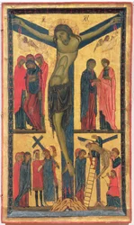 A crucificação com mulheres sagradas, enlutados, Cristo no Caminho do Calvário e a Deposição, painel direito de um díptico (têmpera no painel)