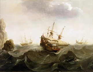 Um navio comercial holandês para as Índias Orientais deixa passar dois barcos de pesca de arenque. Pintura a óleo, meados do século XVII, de Bonaventura Peeters (1614-1652).