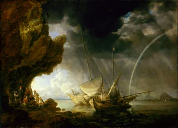 Paisagem marítima com marinheiros a protegerem-se de uma tempestade, meados do século XVII (óleo sobre painel)