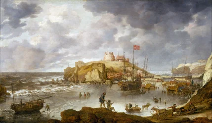 O porto de Archangel (Rússia), parcialmente congelado, com um navio com bandeira dinamarquesa