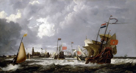 Os navios "Hercules" e "Eenhorn", ao largo da costa de Hoorn (Holanda), com uma descrição da cidade no horizonte. Óleo sobre tela