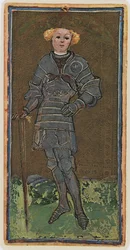 O valete de espadas, fac-símile de uma carta de tarot do baralho «Visconti», 1441-47