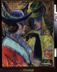Café em Paris (Café em Paris). Duas mulheres elegantes sentadas ao redor de uma bebida em uma mesa de bistrô parisiense. Obra de Boris Dmitryevich Grigoriev (1886-1939), pastel sobre papelão