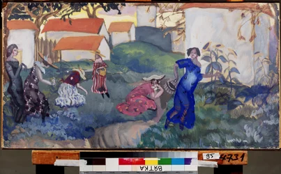 Verão. Mulheres correndo e brincando em um jardim em frente às casas. Obra de Boris Dmitryevich Grigoriev (1886-1939), aquarela e guache sobre papel