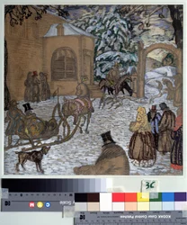 Ilustração para o Novel Dubrovsky de Alexander Pushkin (1799-1837). Trabalho de Boris Dmitryevich Grigoriev (1886-1939), aguarela, guache, tinta e lápis sobre papel